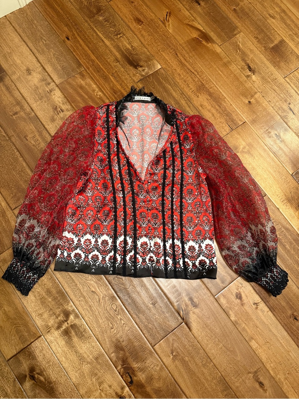 Alice + Olivia red sheer sleeves blouse medium
